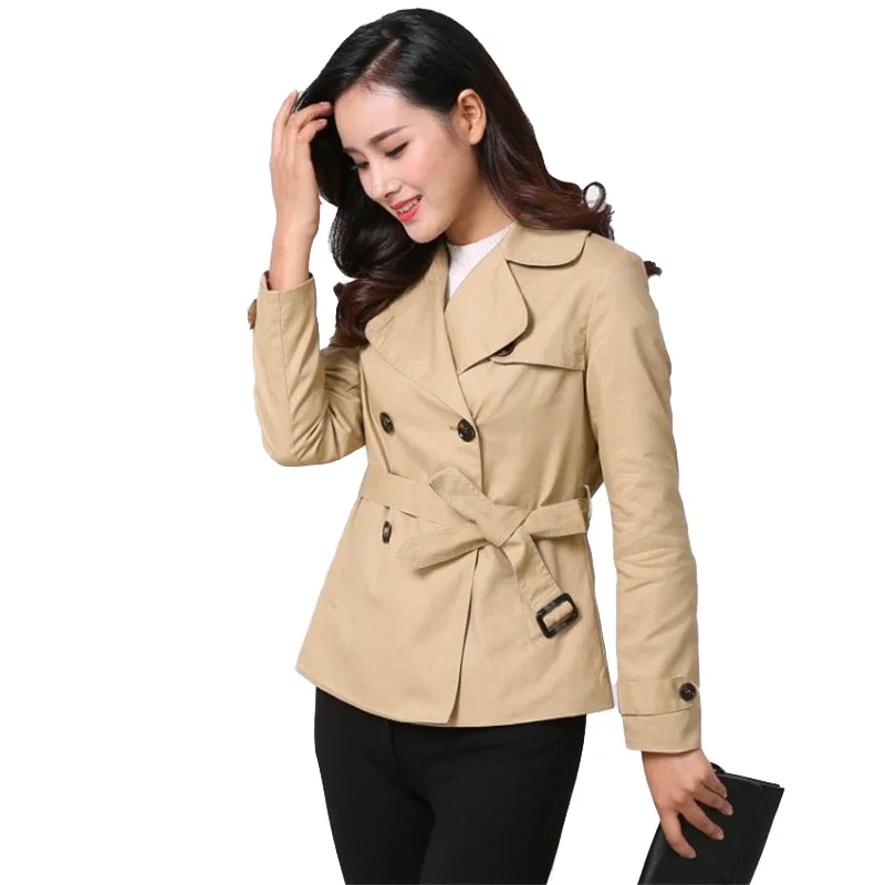

New Short Trench Coat Women 2025 Spring Autumn Cotton Windbreaker Casual Tops Female Belt Slim Double-breasted Short Coats A2471