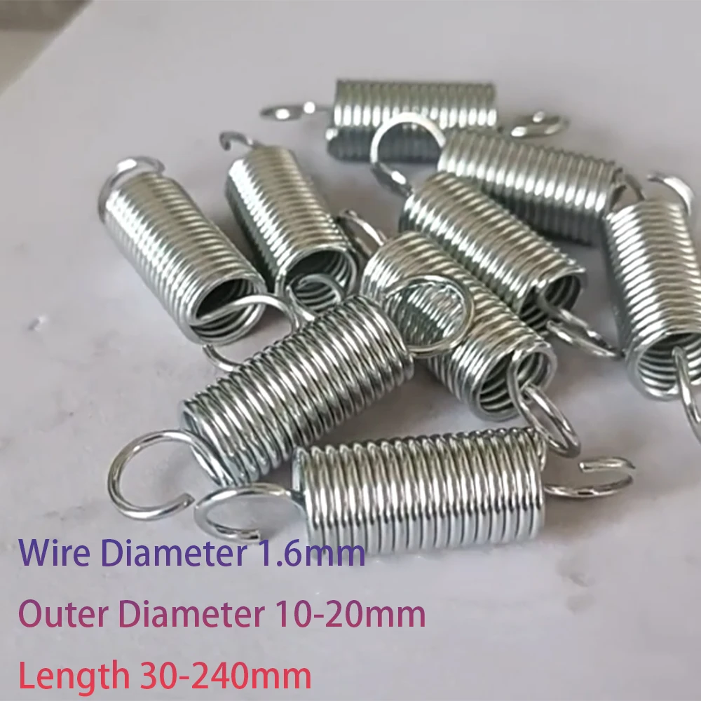 1Pcs Wire Diameter 1.6mm Galvanized Tension Spring Outer Diameter 10-20mm Closed loop/With Hook Extension Spring Length 30-240mm