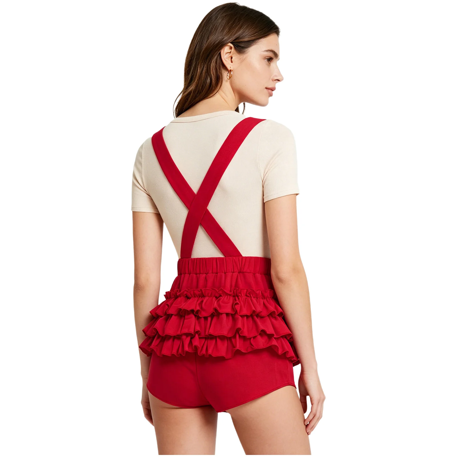 Women Stylish Ruffled Shorts Overalls Party Rave Dance Streetwear Elastic Waistband Adjustable Strap Suspender Short Bib Rompers