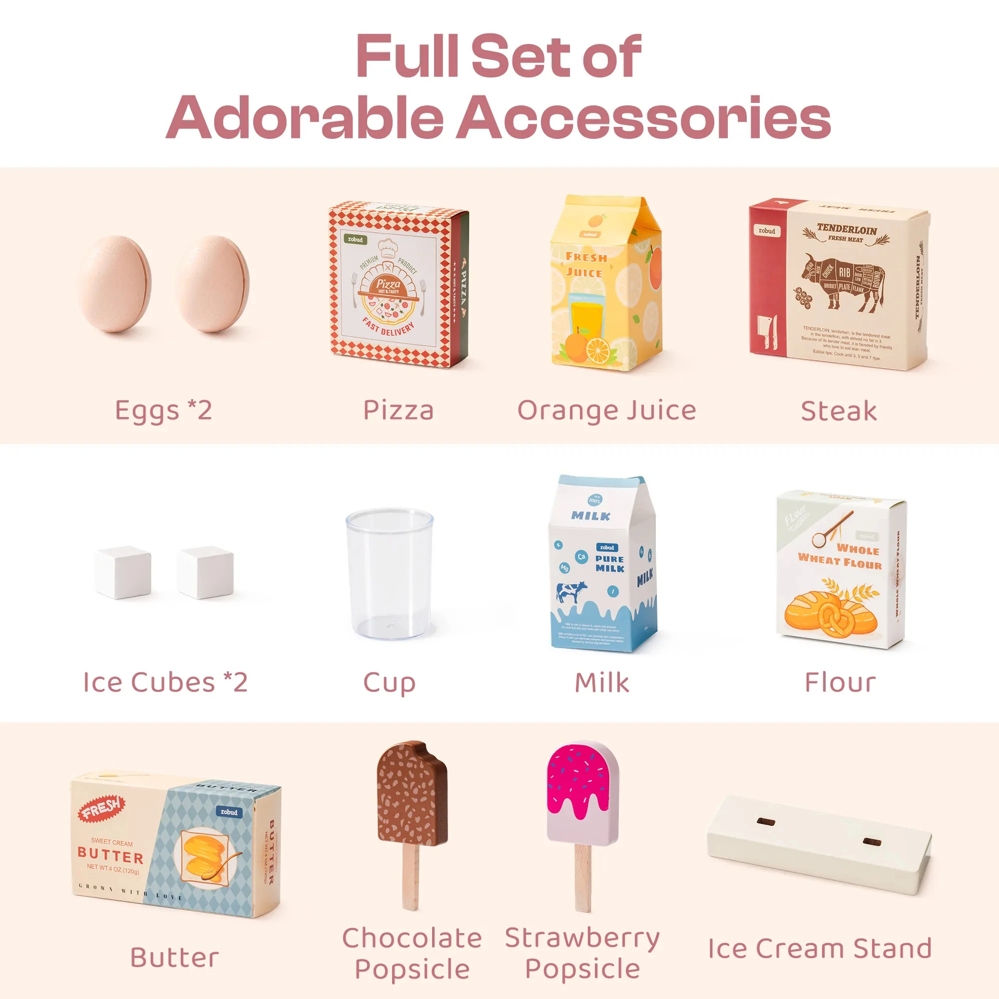 ROBUD – ensemble de jeu de cuisine en bois pour enfants, série rose, jouet Montessori, ensemble de jeu de simulation pour enfants âgés de 3 ans et plus