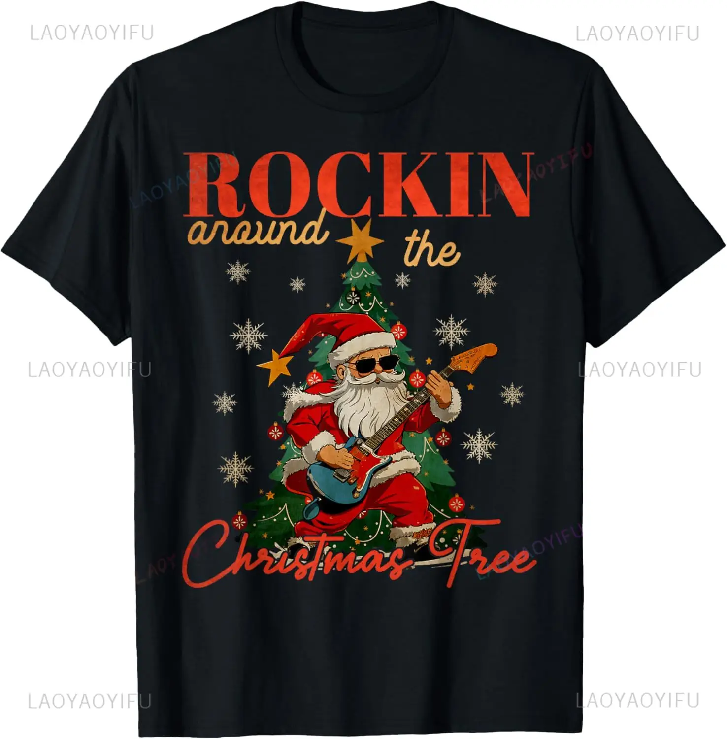 Rocking Around The Christmas Tree Santa Rock and Roll Guitar T-Shirt Casual Personalized Clothing Graphic T Shirts Camisas