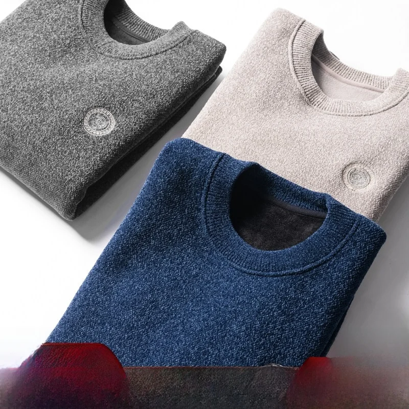 

Утепленный мужской свитер из флиса с круглым вырезом, модный городской стиль, с длинным рукавом, для повседневной носки и бизнеса