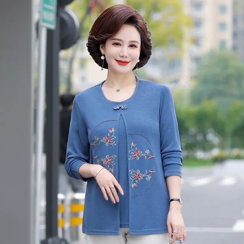 Elegant Fake Two Pieces Tunic Blouse Top Middle Aged Women Spring Autumn Blouses New Fashion embroidery Long Sleeve Loose Shirts