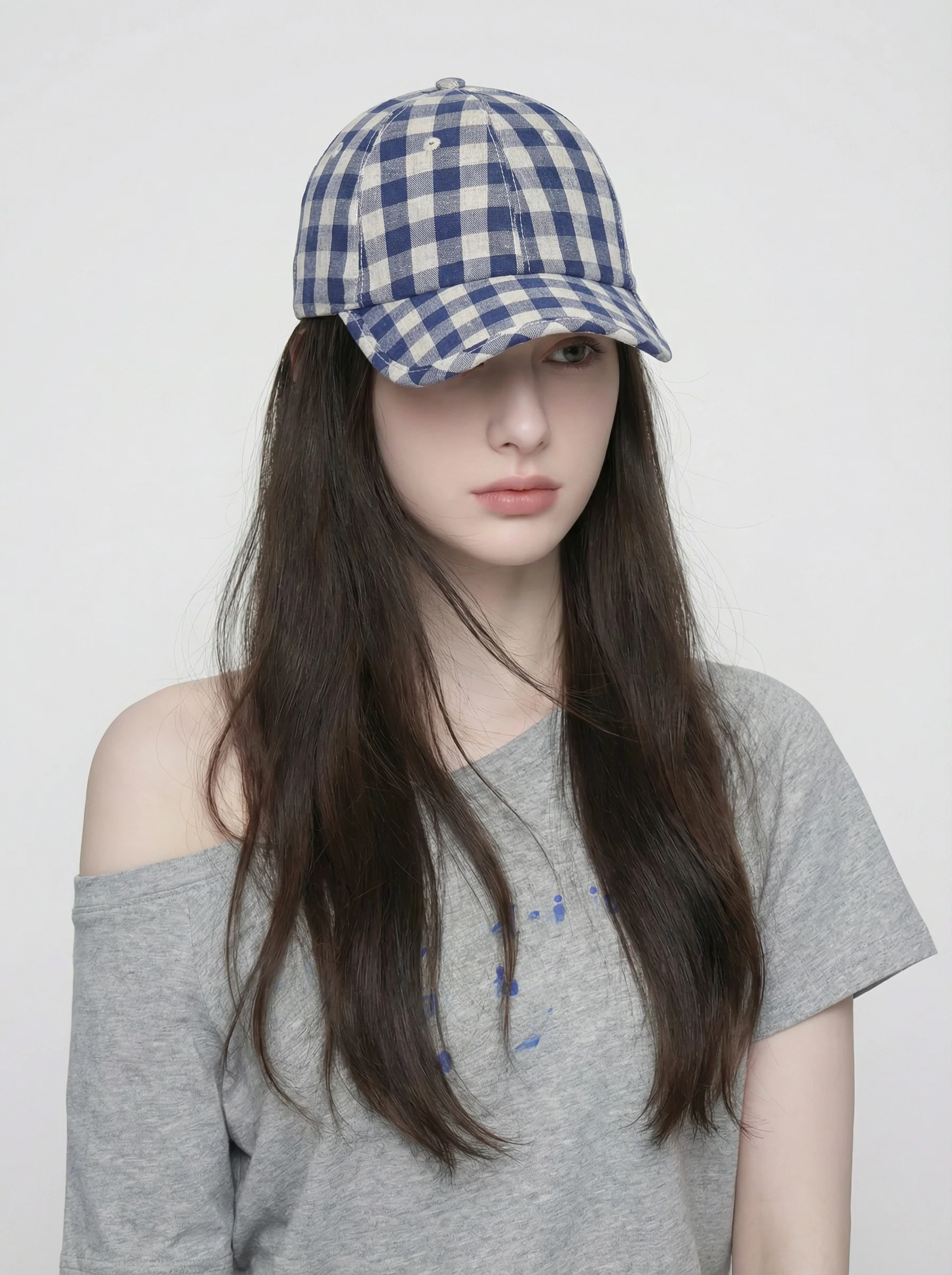 casquette-de-baseball-en-lin-respirant-pour-femme-printemps-2026-a-carreaux-souple-style-bec-de-canard-amincissante-pare-soleil-polyvalente-et-tendance