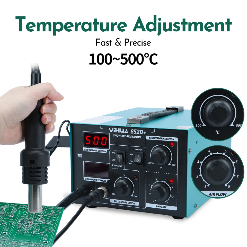 Yihua 852D+ 2-in-1 Lötstation – Heißluft & Lötkolben, 700W, Für SMD & Co.