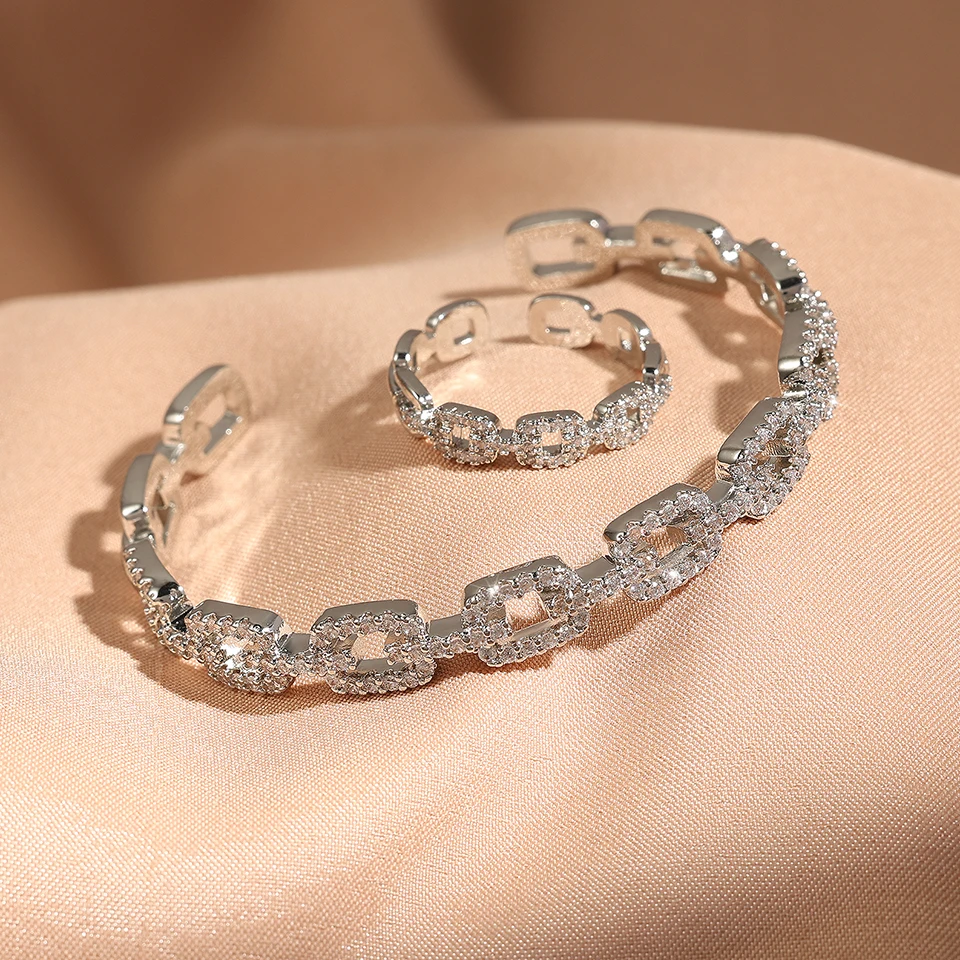 Geometrische Design Luxus Ring Armreif ring Set Für Frauen Exquisite Zirkon Inlay Hohe Qualität Hochzeit Schmuck Set
