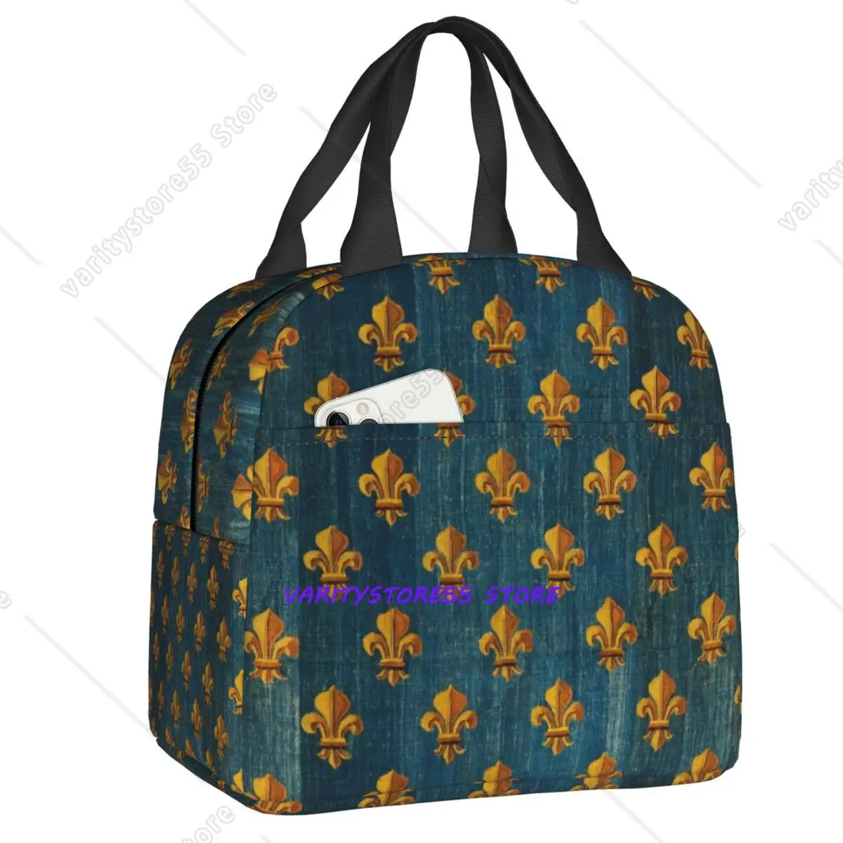 Custom Gold Fleur De Lys Thermal Insulated Lunch Bags Women Lily Flower Fleur-de-Lis Resuable Lunch Container Food Box