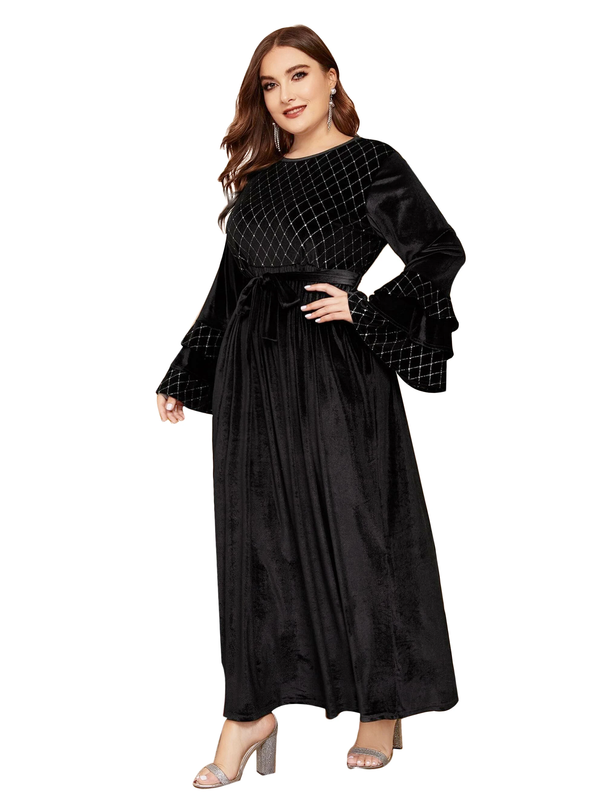 Muslim autumn and winter new fashion dress Dubai Arab Turkey plus-size women\'s bronzes flared sleeve canary loose dress