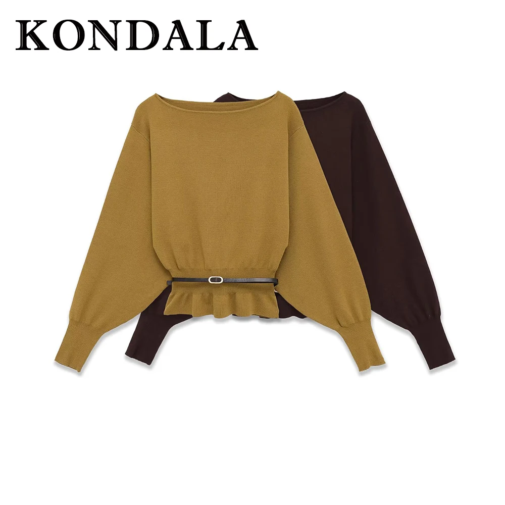 

KONDALA винтажный однотонный модный вязаный свитер 2025 года, шикарная осенняя уличная одежда с поясом и открытыми плечами, плиссированный женский трикотаж