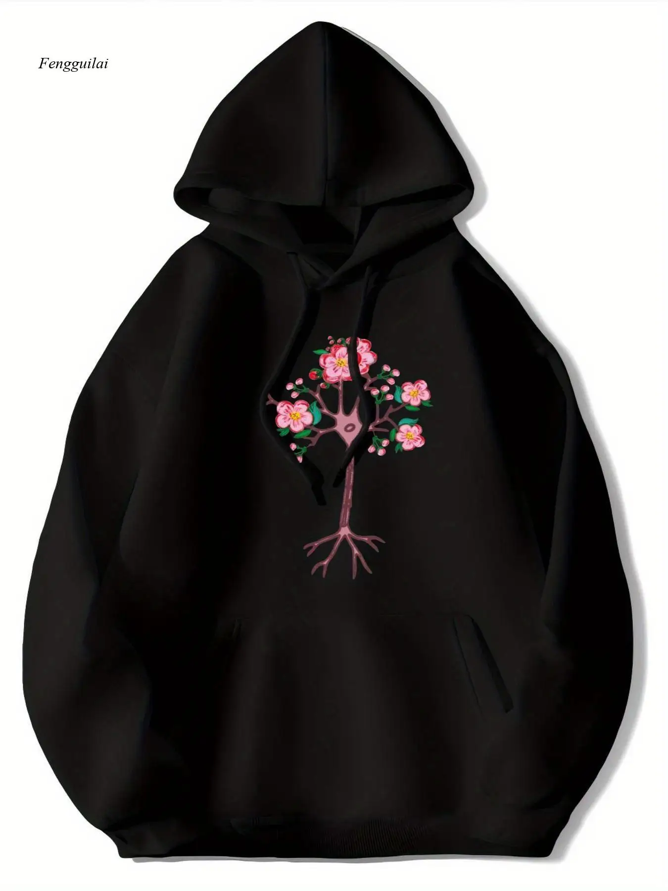 

Черная толстовка с капюшоном Cherry Blossom Tree — мягкий дышащий пуловер с капюшоном и цветочным принтом в японском стиле