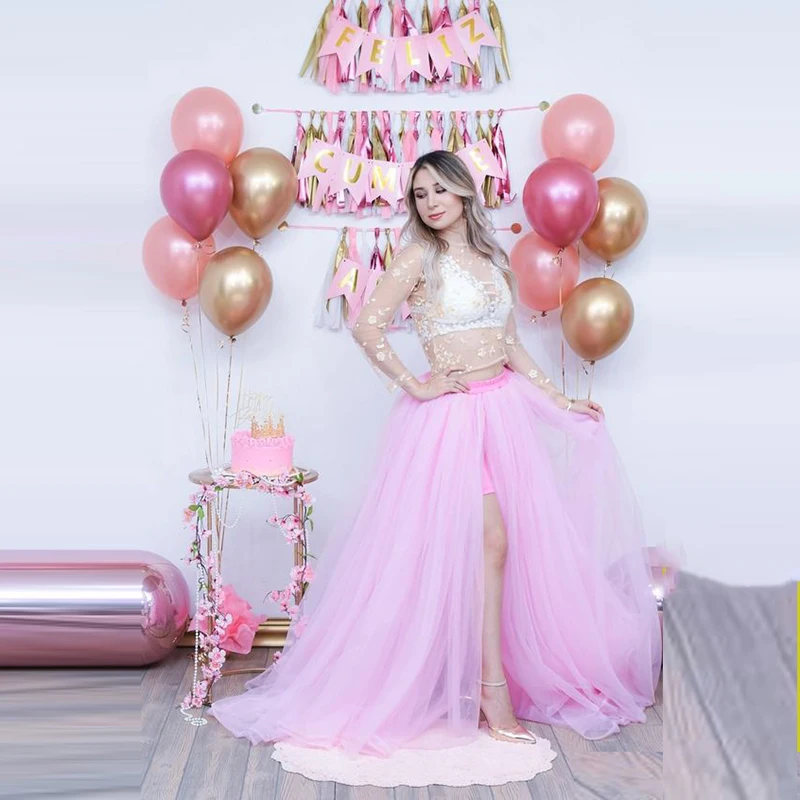 Pink A Line Long Skirt Birthday Wedding Party  Puffy Tulle  Elastic Waistband Saias  High Street Skirt Long Skirts For Lady