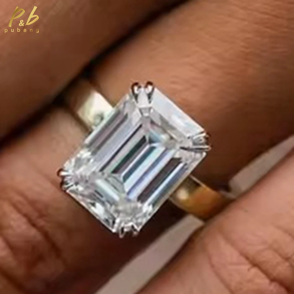 

PuBang 3EX VVS1 D 7.6 Carat Moissanite Ring Classic Emerald Cut Two-tone 14K Yellow Gold Engagement Ring 3mm Flat Solitaire Band