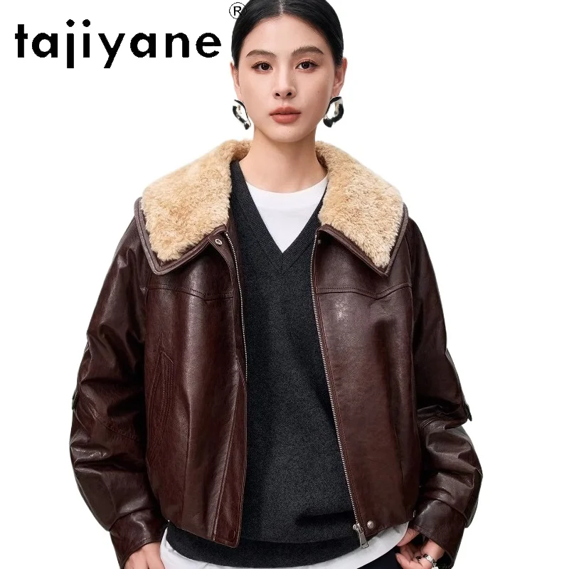 TAJIYANE シープスキン グースダウンジャケット レディース ウールカラー 本革 パファージャケット ショート丈 暖かいダウンコート 2025 冬服 패딩