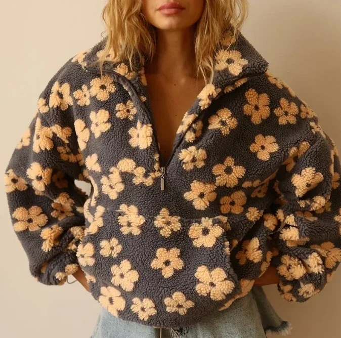 

Women's Spring New Fashion Imitation Lamb Wool Printed Loose Zipper Hoodie Long Sleeve Top