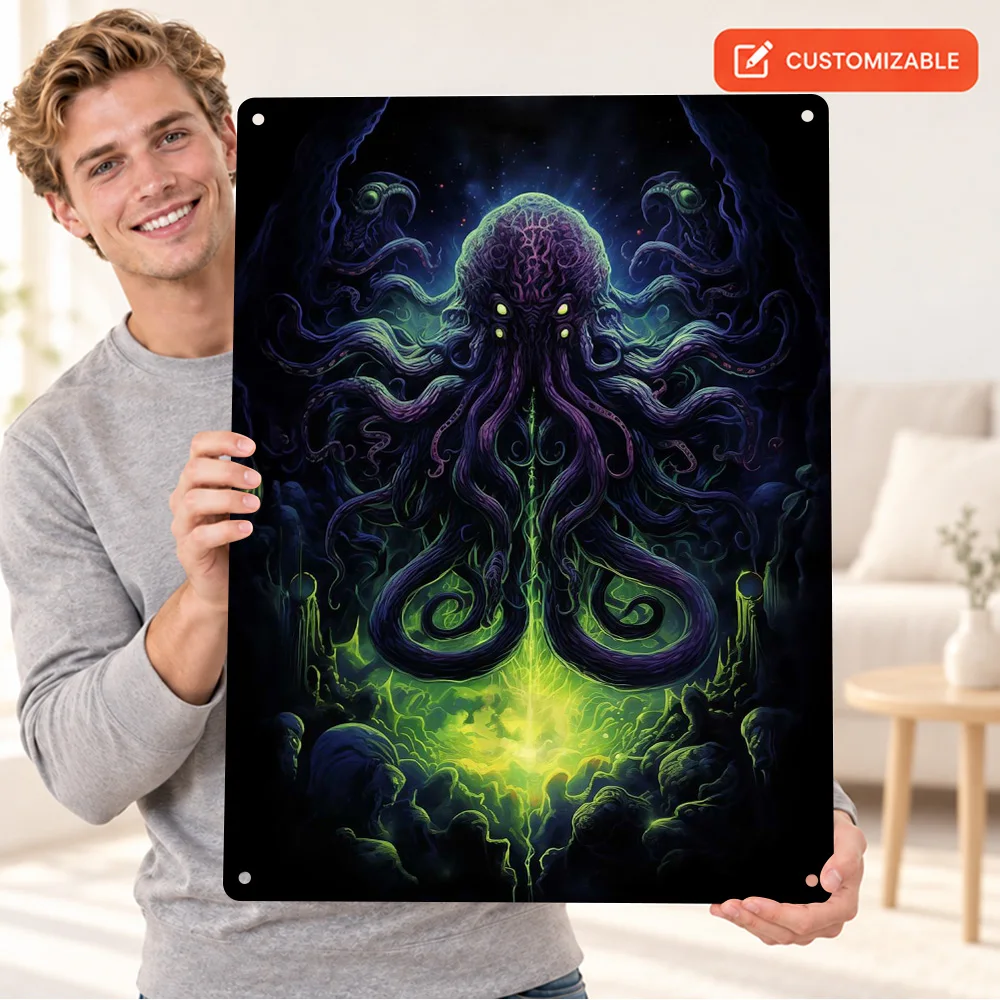 Cthulhu Textured Metal Poster Personalized Aluminum Sign Gothic Digital Illustration Wall Art For Bedroom Fantasy Reader Gift