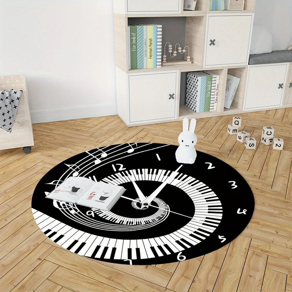 Musical Clock Design Round Rug Flannel Cozy Floor Mat Music Lover Gift Bedroom Decor Unique Pattern
