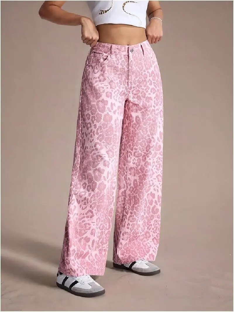 

Women's Pink Leopard Print Jeans Summer Fashion Loose Casual Straight-leg Wide-leg Pants Floor-length Dopamine Style Trousers