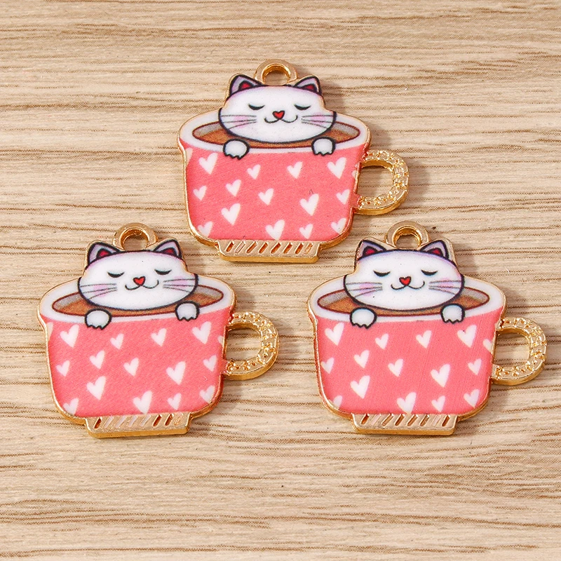 10 stücke 22x22mm Cartoon Tier Charms Emaille Tasse Katze Muster Charms Anhänger für Schmuck Herstellung Ohrringe Halskette DIY Handwerk Geschenke – Detail 5