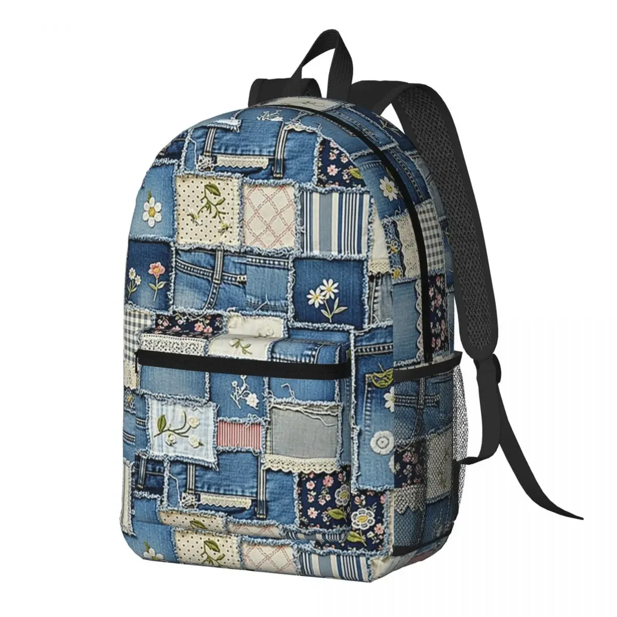 Blue Faux Denim Patchwork Quilt Backpack Daypack Large Capacity Boys Girls BookBag School Bag Shoulder Bags for Men Women