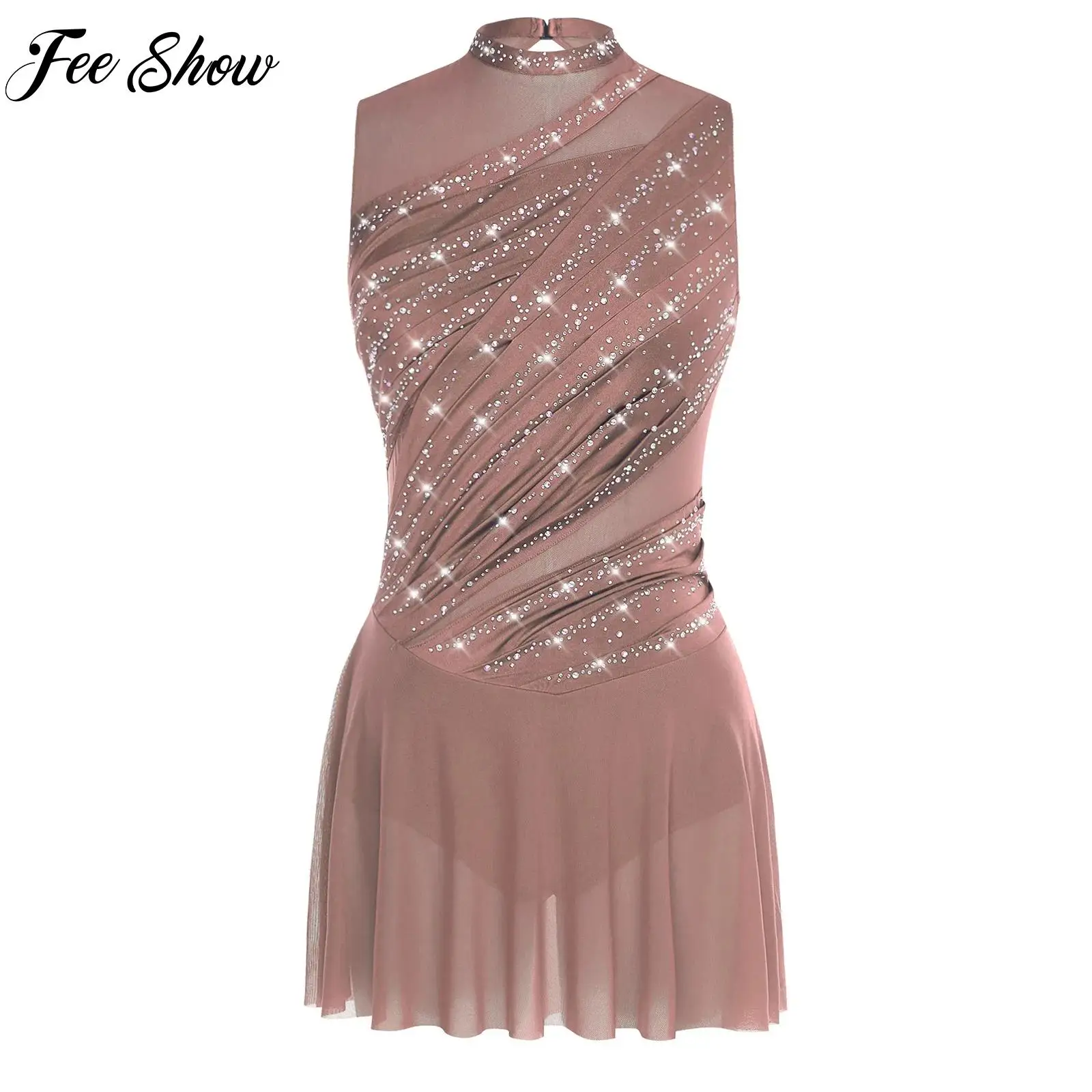 

Womens Stylish Ruched Ballet Lyrical Dancing Dress Sleeveless Rhinestone Backless Dress for Stage Performance Competition Party