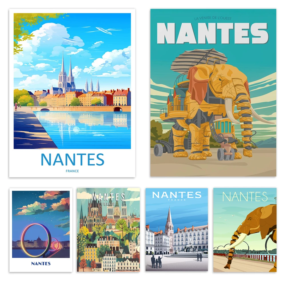 Nantes France art print, "Nantes - Island of Machines", elephants, Loire River, city vintage painting, Nantes travel poster