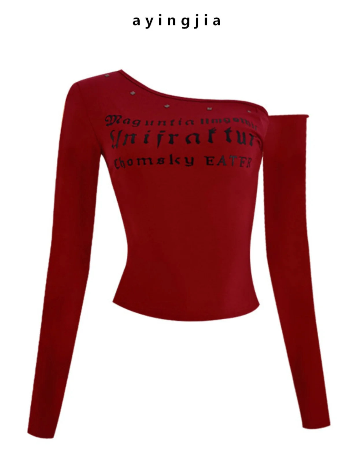 

Женская футболка с красными сердечками, заклепками и стразами, с длинным рукавом, асимметричным вырезом на плече, для осеннего повседневного стиля