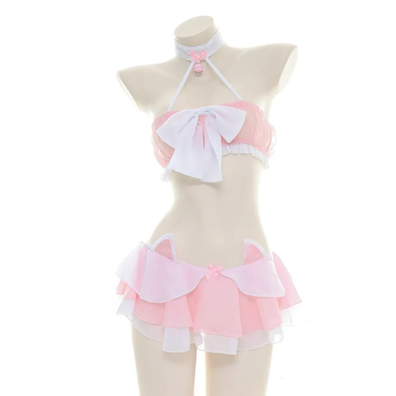 Lolita Girl Anime Cosplay Small Bell Swimsuit Bodysuit Pink Bikini Costume Cute Sweet Cat Ears Ruffles Skirt Lingerie Set