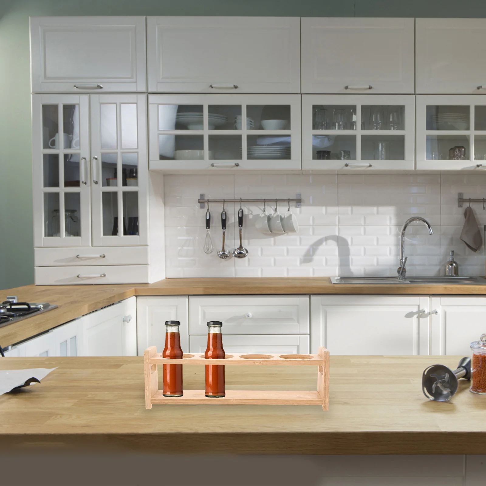 

Wooden Spice Rack Four-Holes Design Multipurpose Seasoning Bottle Storage Rack Kitchen Condiment Holder Home Essentials