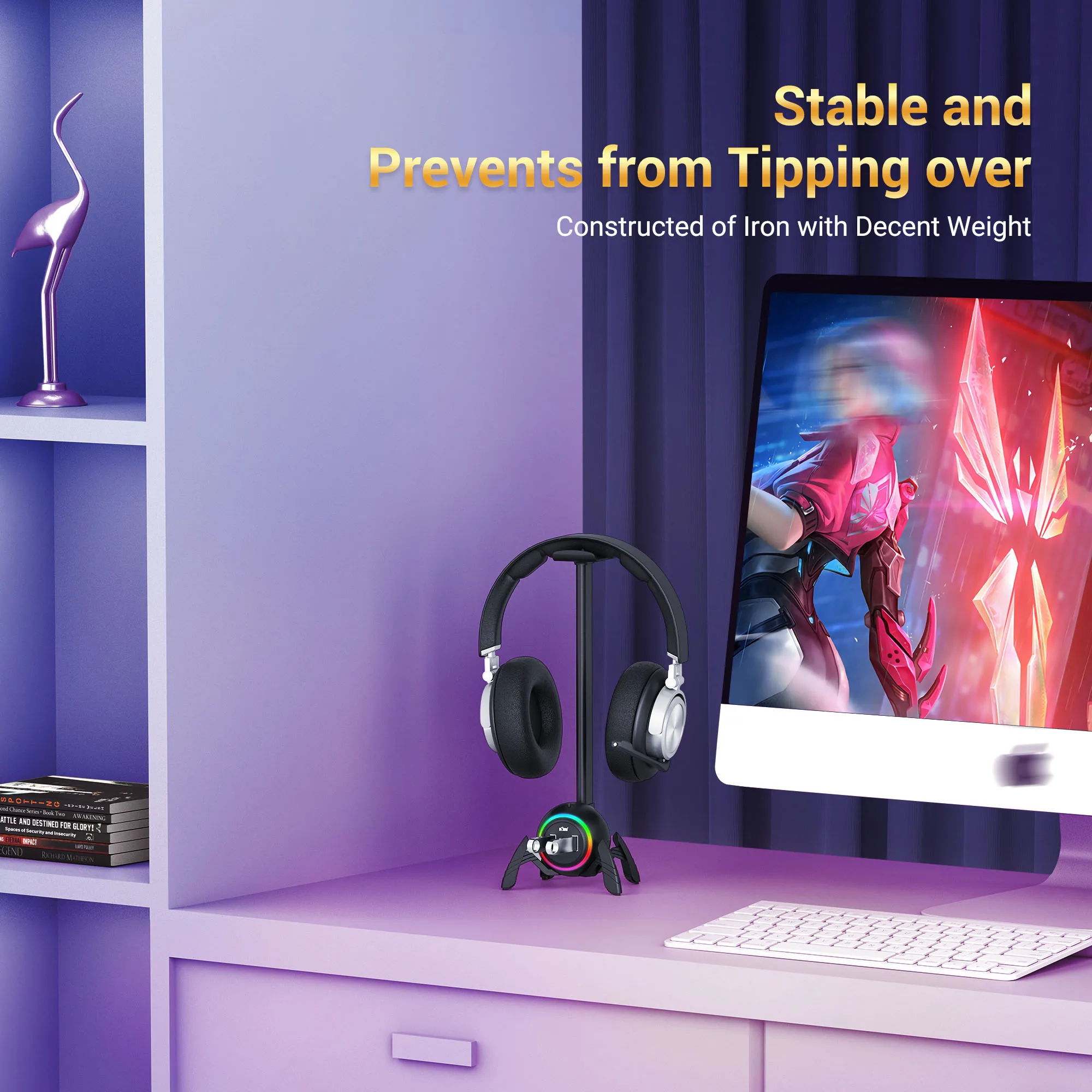 KIWIFOTOS RGB Lights Headphone Stand with Type-C USB Ports Headphone Holder for All Headsets Gamers Gaming PC Accessories Desk