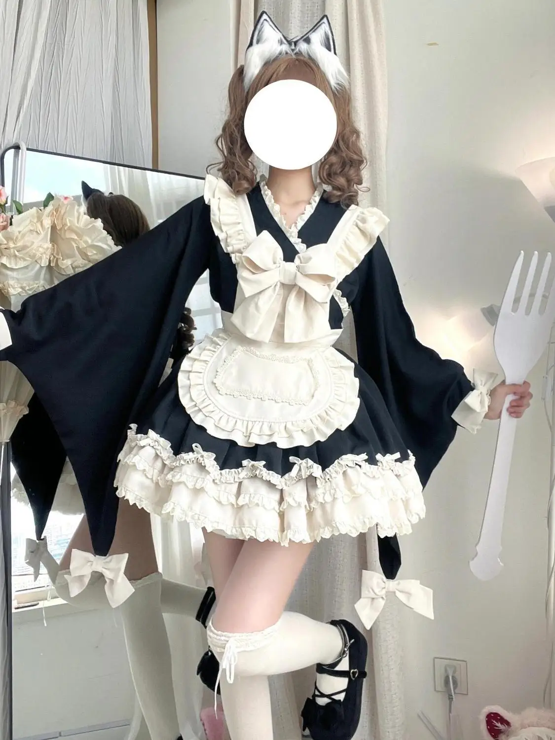 

Spring New Sweet Cute Maid 2 Piece Sets Womens Outfits Bow Lace Black Puff Dress + Slim Waist Apron Japanese Cosplay Y2k Suits