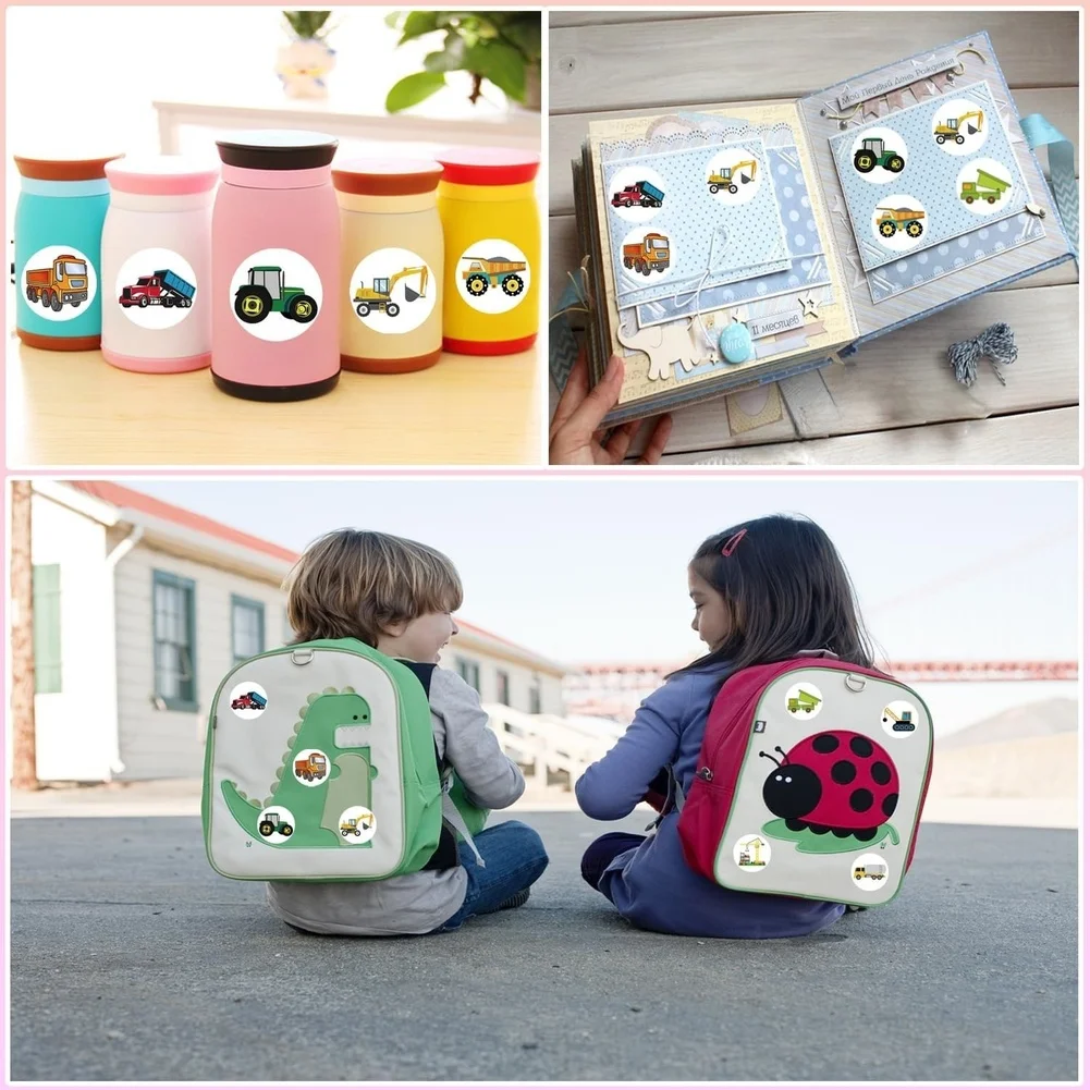 Rollo de etiquetas adhesivas con 500 piezas/rollo para niños, coches de juguete y vehículos, decoración de papel recubierto con respaldo para un fácil uso