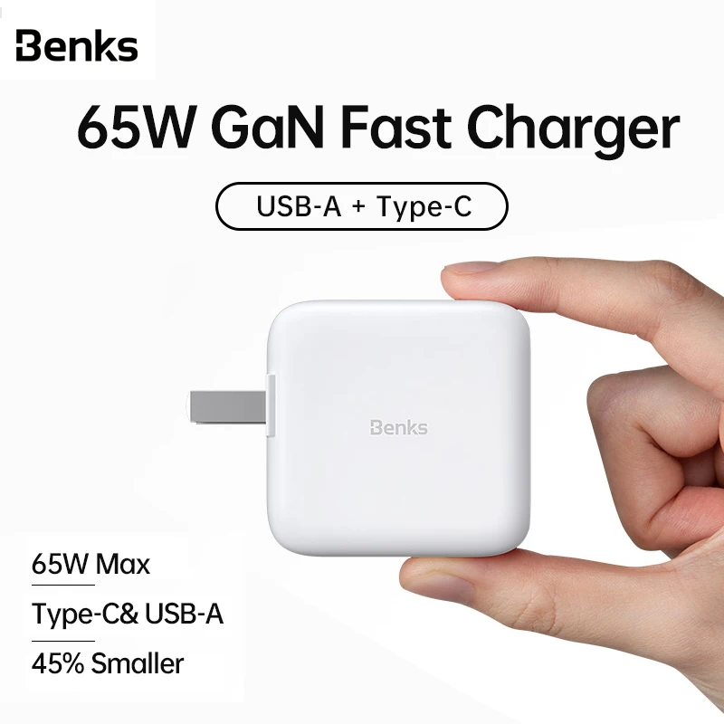 

Benks PA45 GaN Dual Port PD Charger, 65W, Type-C, USB, QC, Wall Travel Fast Charger for Smartphone, iPad, iPhone, MacBook, Lapto