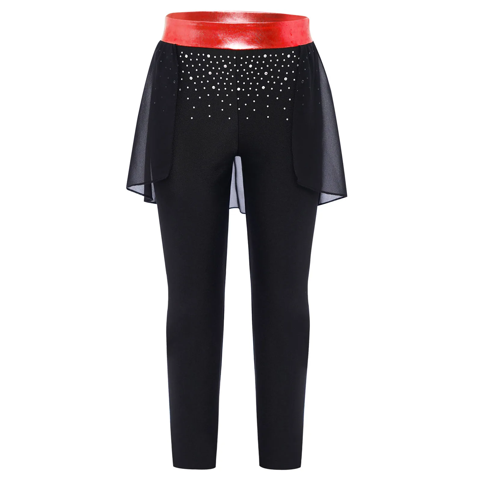 

Kids Girls Gymnastics Ballet Dance Pants Metallic Elastic Waist Slim Fit Pants with Chiffon Panel Skirt Jazz Performance Costume
