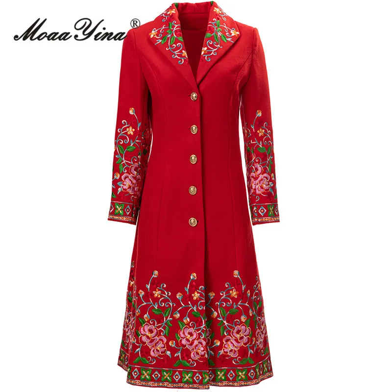 

MoaaYina Winter Fashion Runway Red Vintage Blends Coat Women Lapel Long Sleeve Single Breasted Embroidery Slim Long Blends Coat