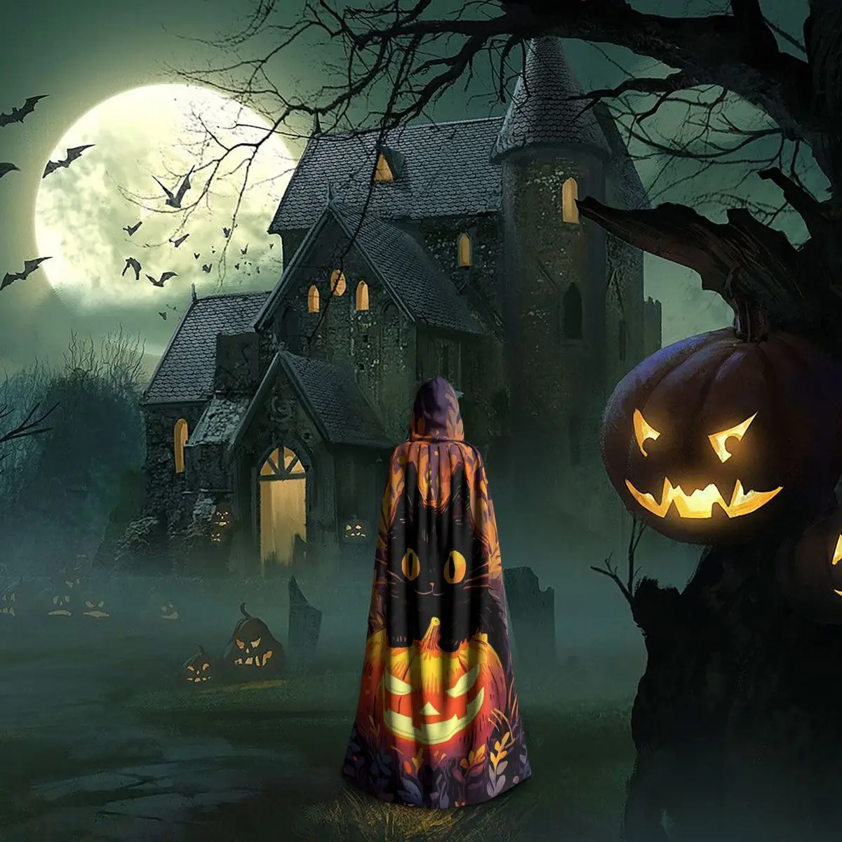 Capa larga con capucha de gatos negros y calabaza para Halloween, disfraz Medieval de bruja, capa de Cosplay, vampiro de Halloween, adulto, Unisex