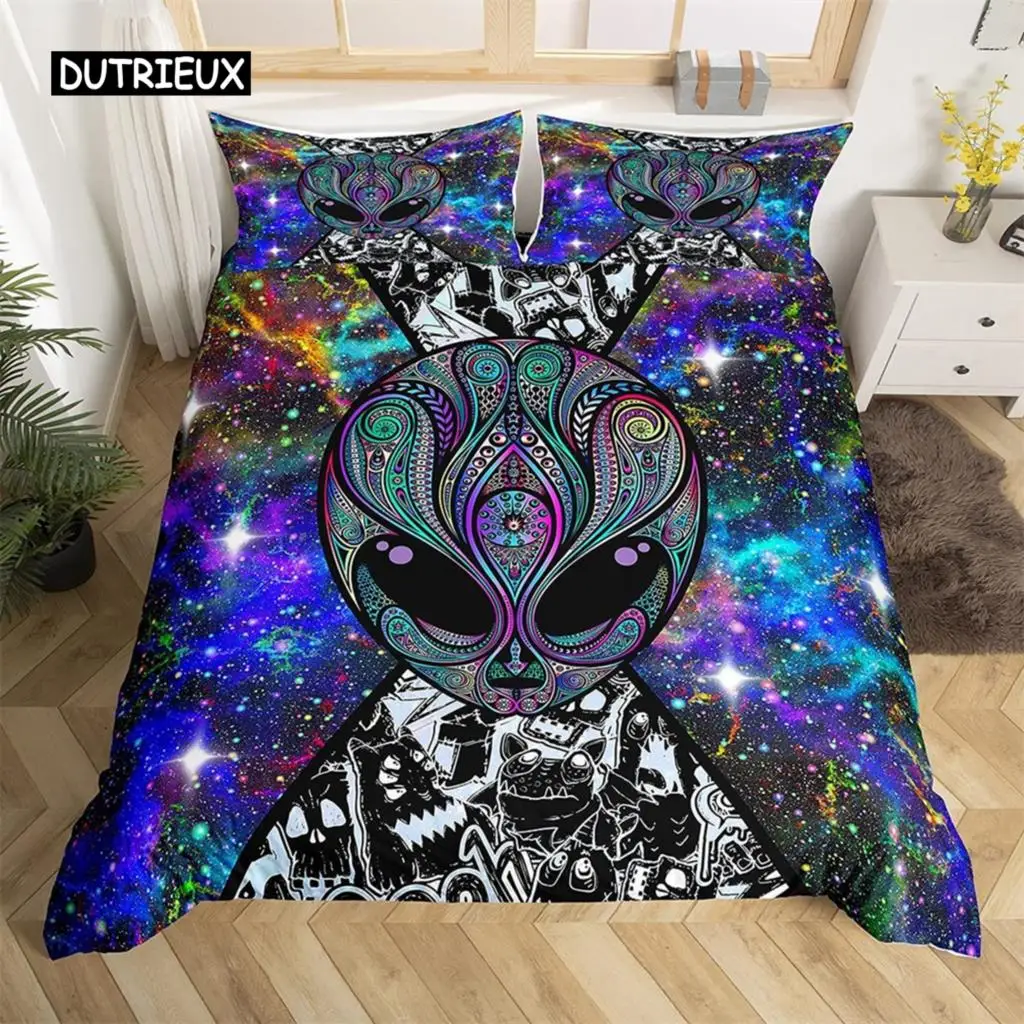 

Colorful Alien Duvet Cover Fantasy Alien Skull Bedding Set Psychedelic Space Queen King Alien Gift Bedroom Decoration Men Boys