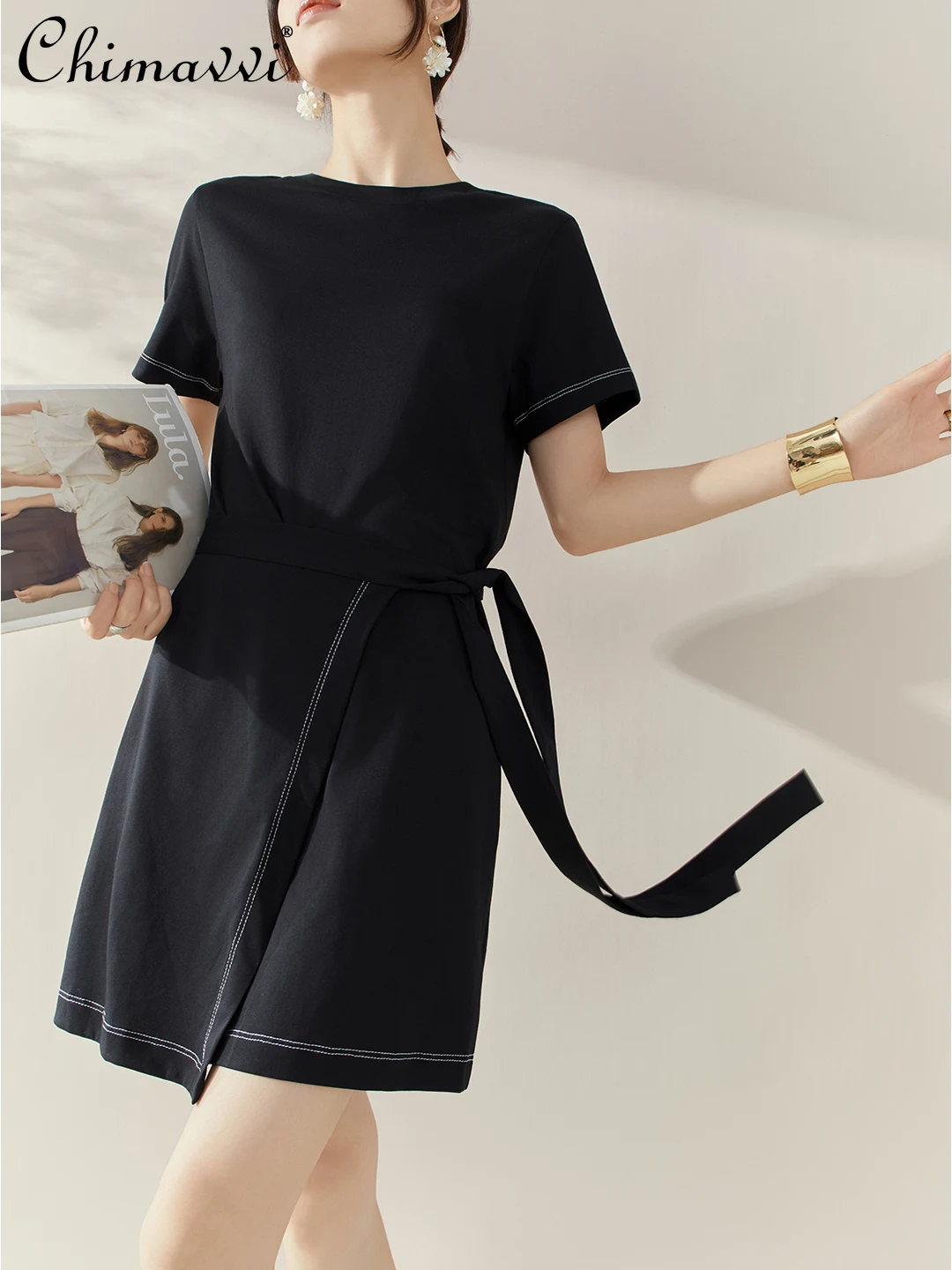 

French Style Simple Elegant Commuter Black Dress Round Neck Short Sleeve High Waist A-line Lace-up Irregular Dress Women Summer