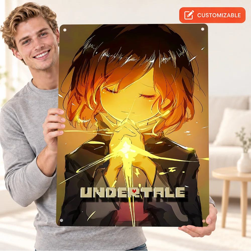 Undertale Textured Metal Poster Personalized Aluminum Sign Child Glowing Gold Heart Graphic Wall Art For Bedroom Game Fan Gift