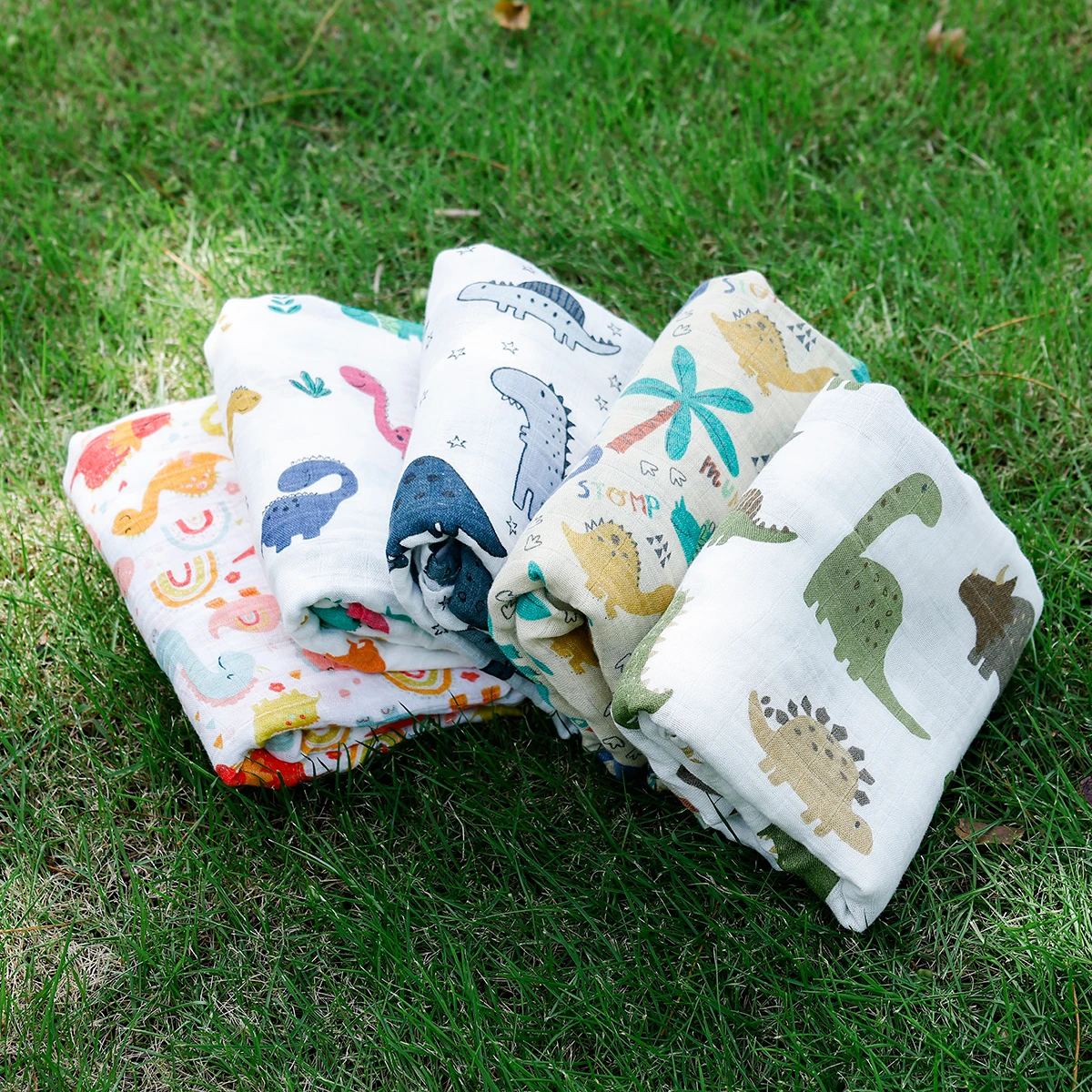 HappyFlute New Dinosaur Print Soft Bamboo Cotton Fabric 120*110CM Baby Wrap Newborn Multi-function Swaddle Sleeping Blanket