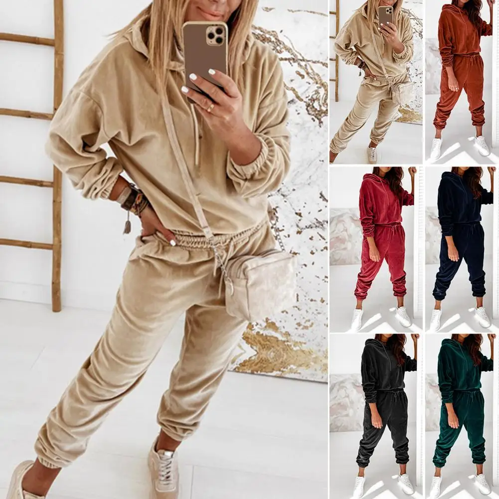 Stylish Hoodie Trousers Suit Long Sleeves Hat Ankle-length Hoodie Pants Set  Pockets Women Winter Tracksuit Lady Garment