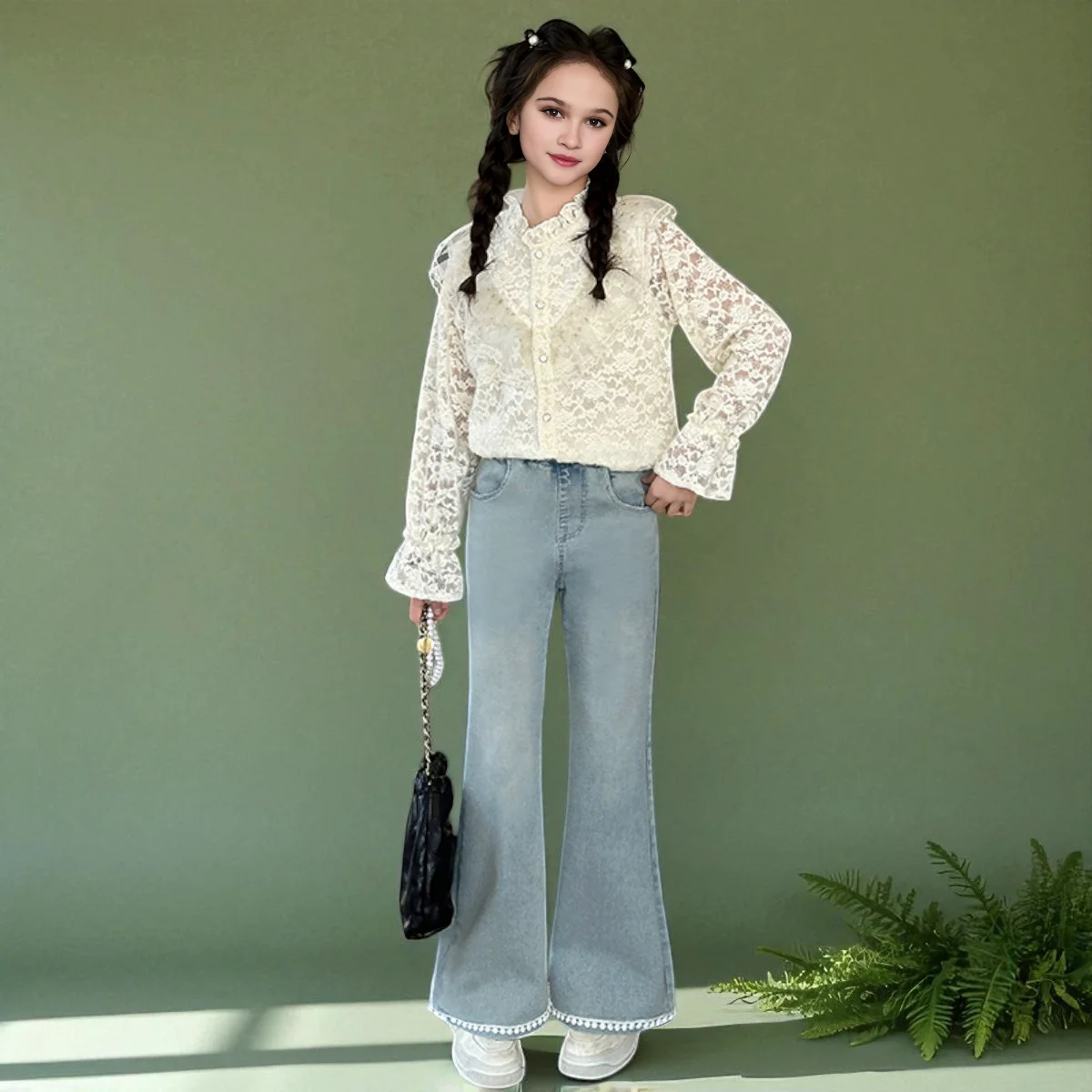 Girls Tracksuit Girls Clothing Set Baby Outfits Suit Beige Lace Shirt & Jeans 2pcs Teens School Uniform Kids Costumes 4-12 Years