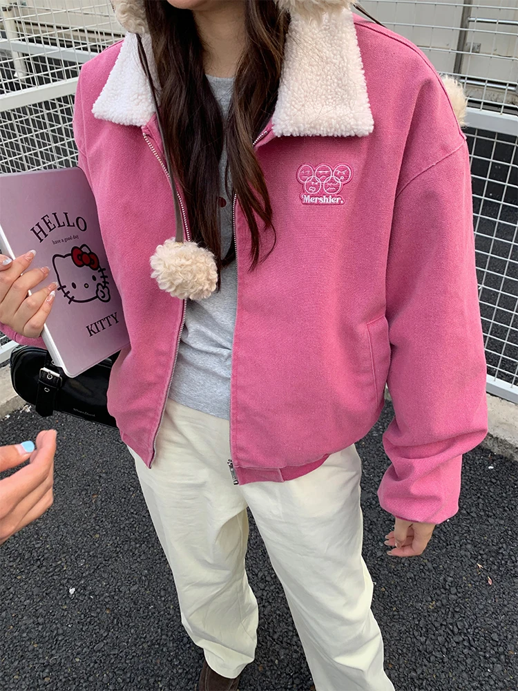 

Korean Sle Sweet College Girl Cotton Jaet Lamb Urugay Collar Thiened Outerwear Long Sve Zipper Closure Winter Coat