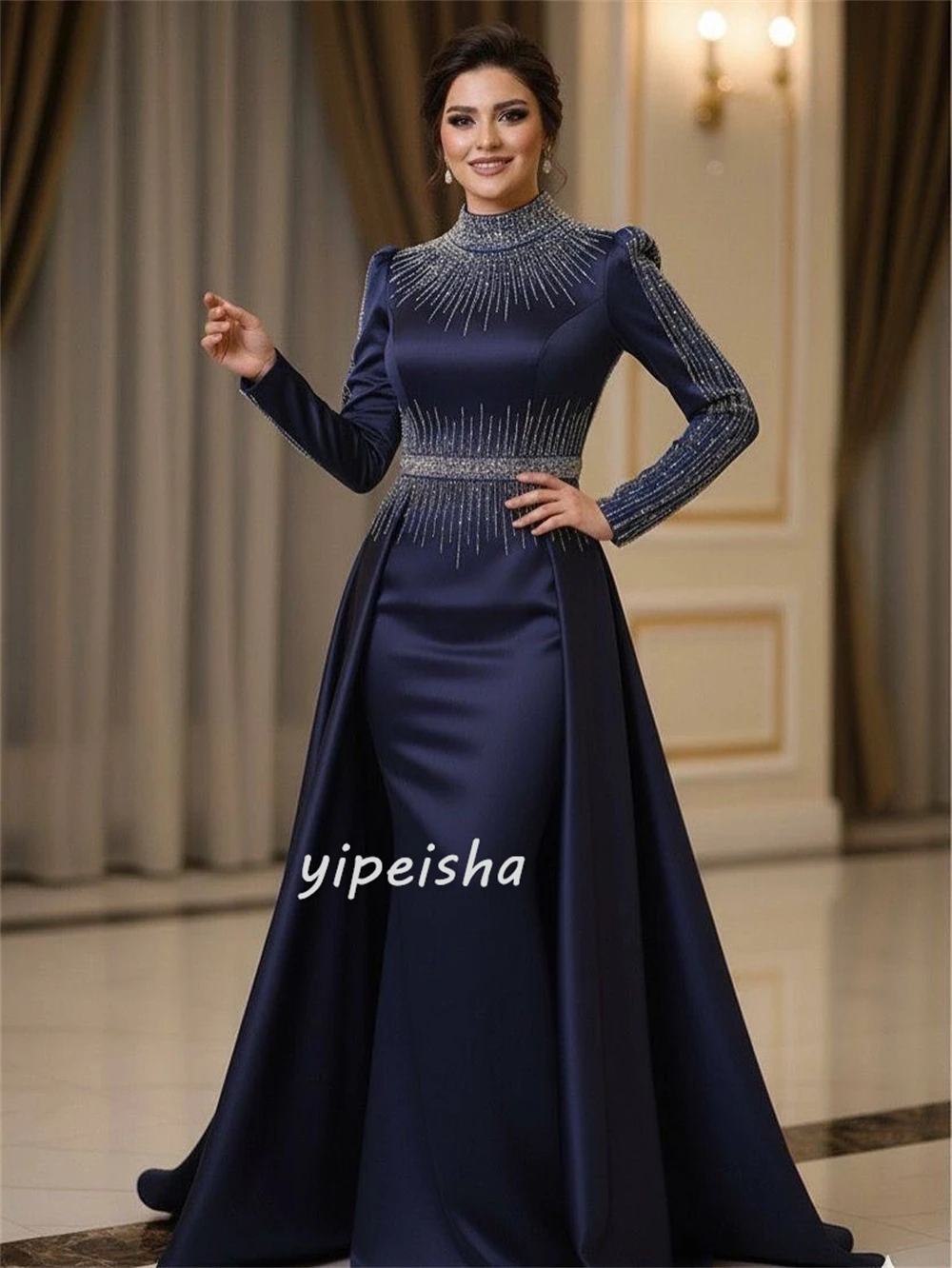 맞춤형 고급 포멀 샤무즈 라인스톤 주름 머메이드 하이 칼라 롱 드레스 맞춤형 행사 드레스 세트