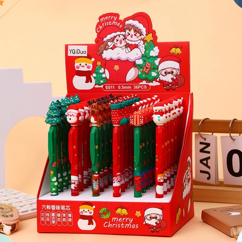 

36 Pcs with Box Soft Glue Christmas Series Push Pen Holiday Gift Pen Student ST Cartoon Styling Pen Black Signature