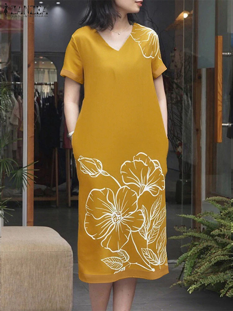 ZANZEA V-Neck Floral Print Vestidos Mujer Woman Short Sleeve Casual Loose 2025 Summer Midi Robes Femme Day Wear T-Shirt Dresses