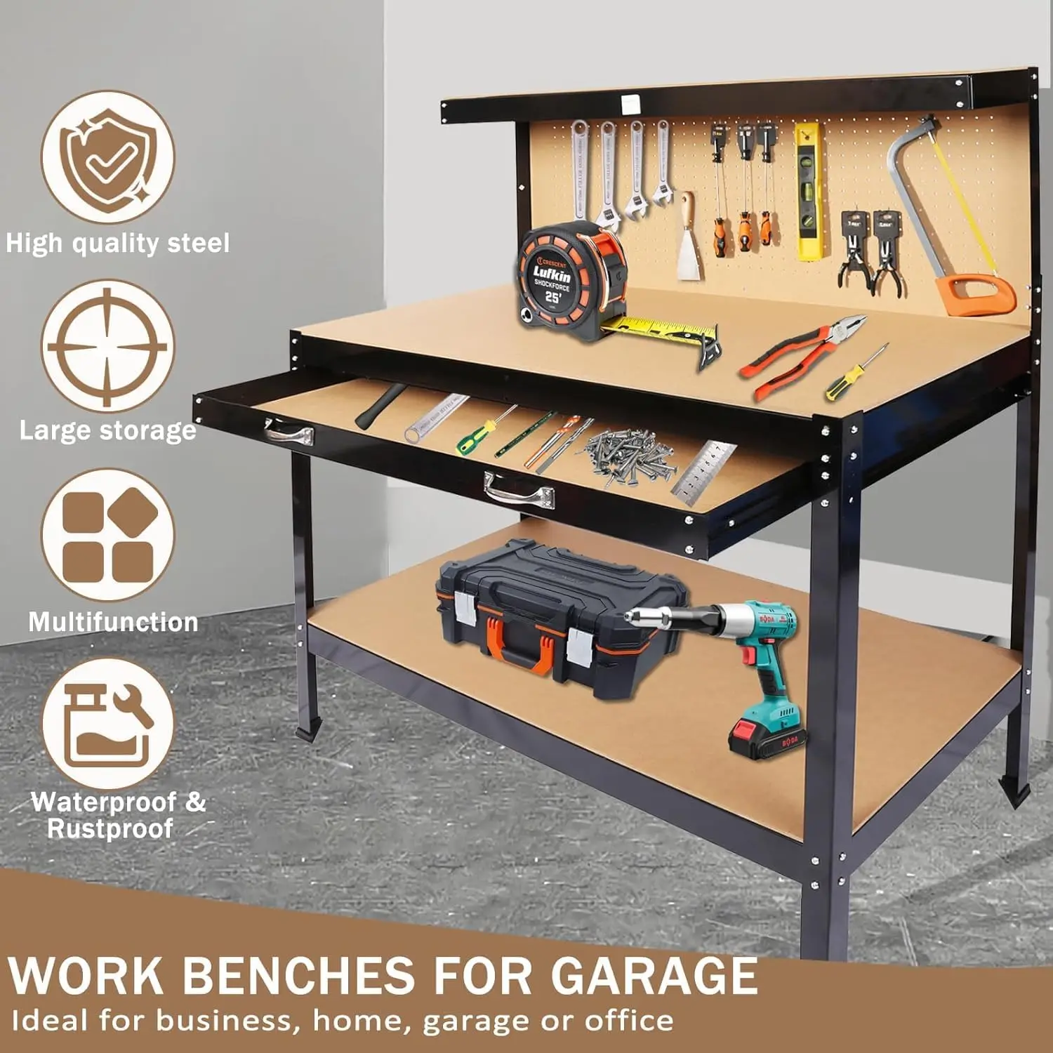 Garage Workbenches with Storage Shelf Pegboard Drawer Backplate Metal Frame Table Wood Top Multipurpose