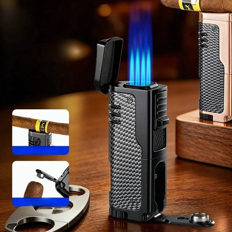 New Metal Four Direct Charge Cigar Lighter Creative Visual Gas Chamber Cigar Diamond Spray Gun Butane Gas Inflatable Lighter