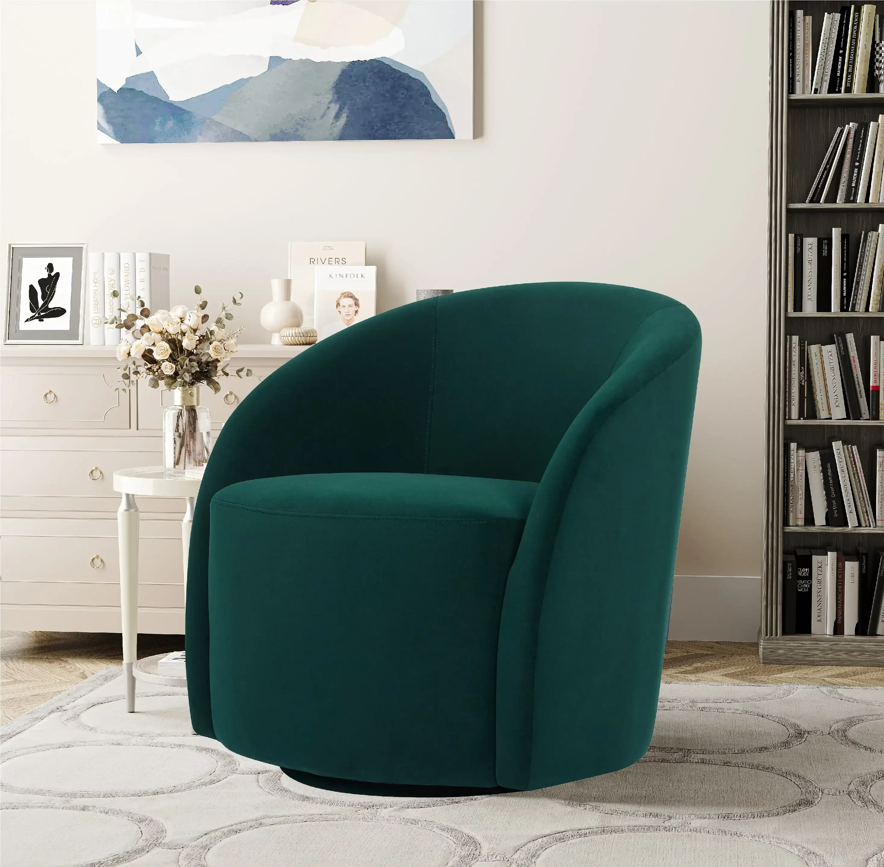 Art Deco Style Swivel Accent Chair Green Velvet Low Profile Seat Back Upholstered Swivel Base Wood Legs