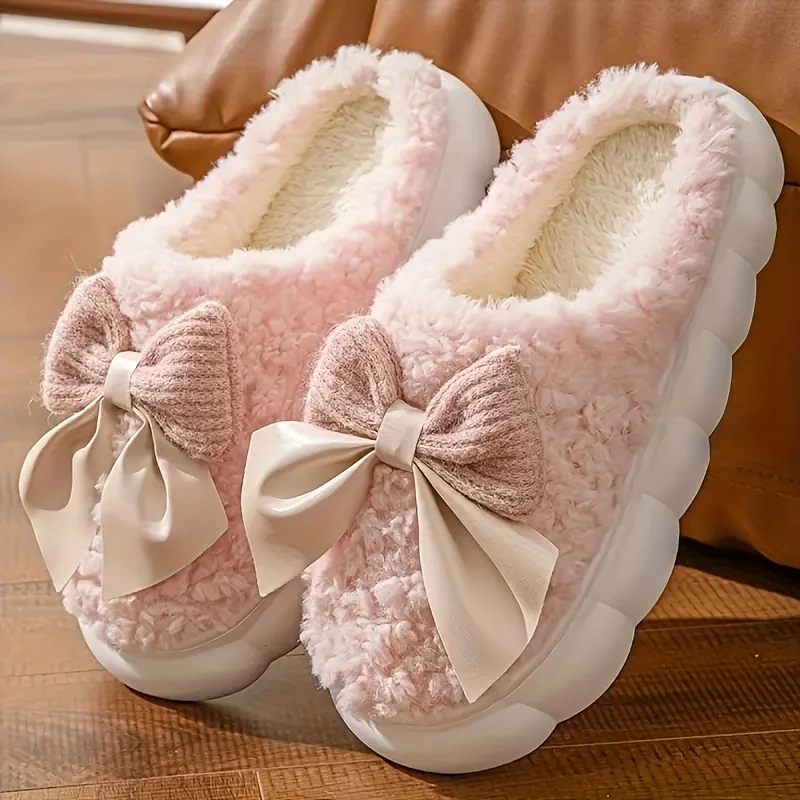 Women'S Bow Designed Fleece-Lined Slippers Soft Sole, Quiet Wear, All-Season Comfort, Ideal for Home Use, Perfect Christmas Gift