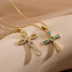 Vintage Cross Pendant Necklaces For Women Girls,Delicate Cubic Zirconia Accessories, Stainless Steel Chain Jewelry Gift